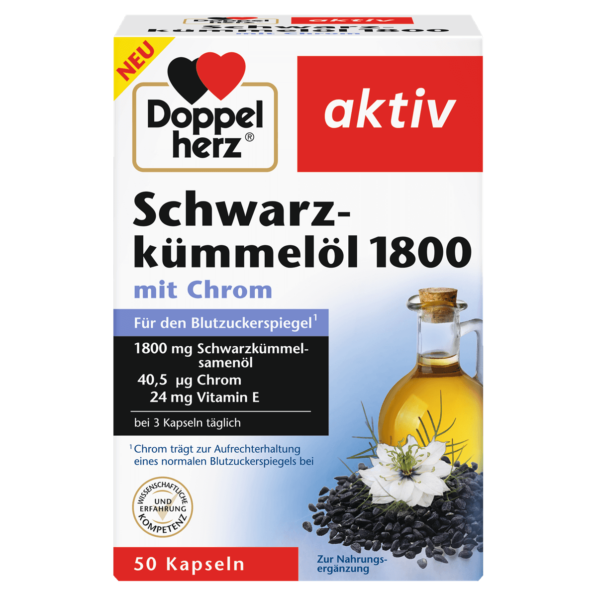 Doppelherz® aktiv Olej z czarnuszki + witamina E + chrom, 50 kapsułek