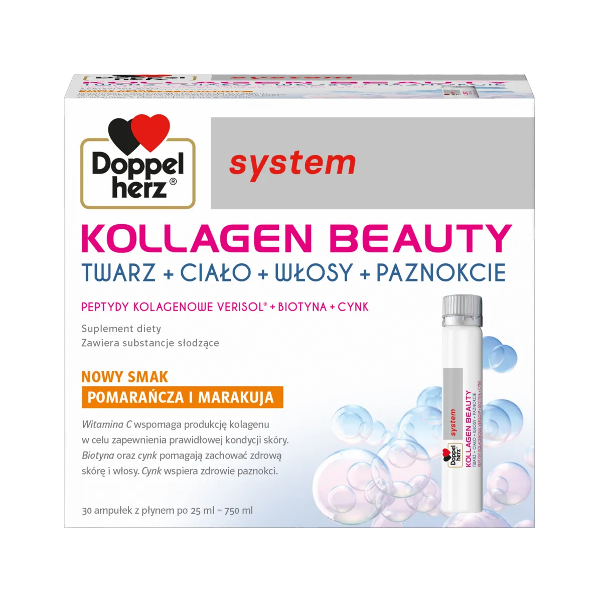 Doppelherz® system KOLLAGEN BEAUTY, NOWY SMAK! Pomarańcza i marakuja, 30 ampułek po 25ml