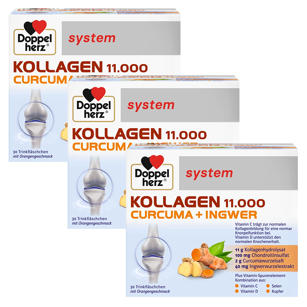 3x Doppelherz® system KOLLAGEN 11.000 KURKUMA + IMBIR, 3x30 ampułek ZESTAW