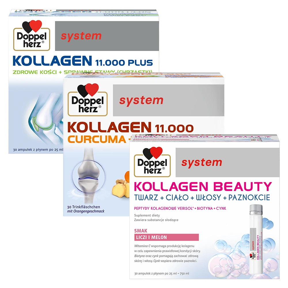 Doppelherz® system KOLLAGEN BEAUTY + KOLLAGEN  11.000 KURKUMA+IMBIR + KOLLAGEN  11.000 PLUS 3x30 ampułek ZESTAW