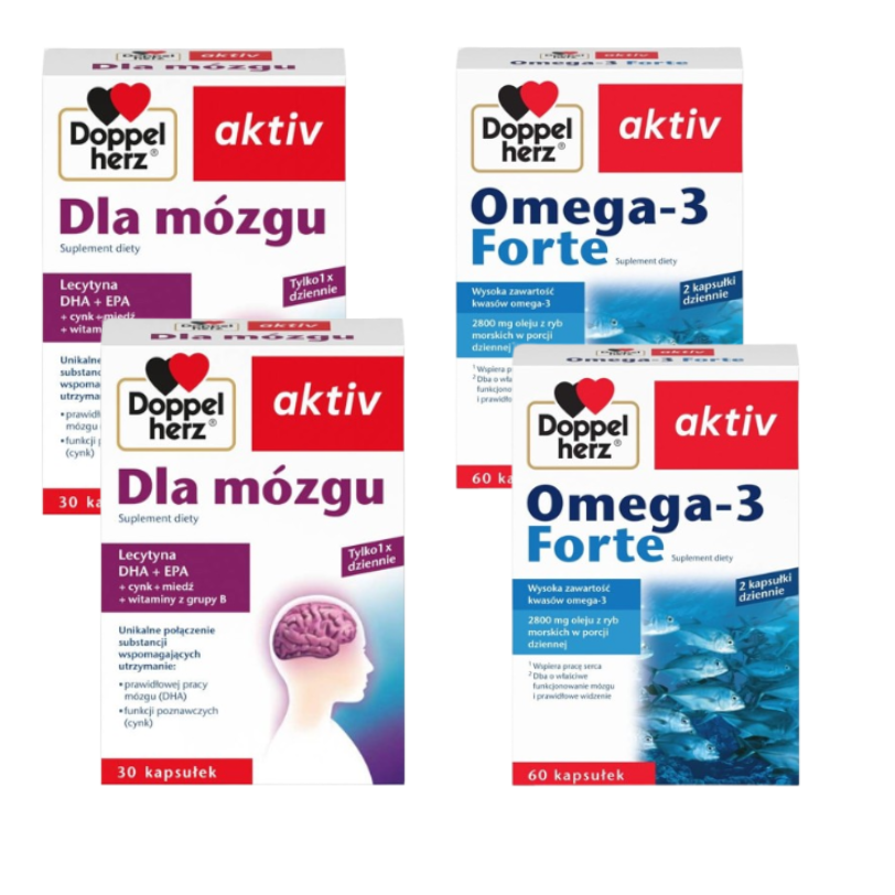 2x Doppelherz® aktiv Omega-3 FORTE, 2x60 kapsułek + Doppelherz® aktiv Dla mózgu, 2x30 kapsułek ZESTAW